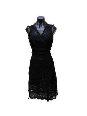 Hale Bob Black Lace Sleeveless Wrap Dress With Tie Back L